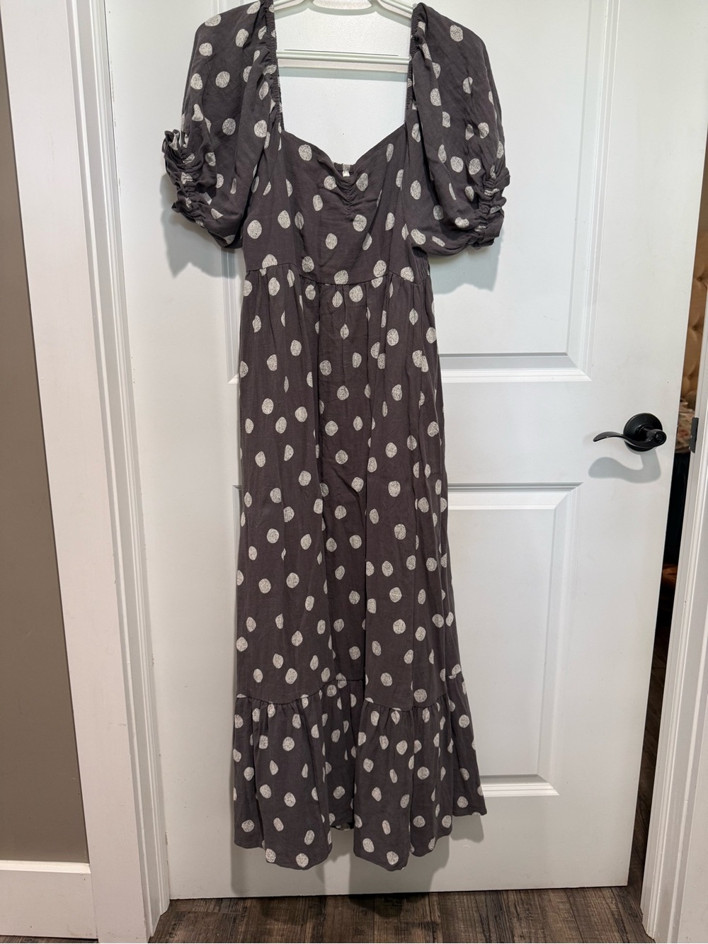Rylee + Cru Charcoal with White Polka Dot Puff-Sleeve Maxi Dress